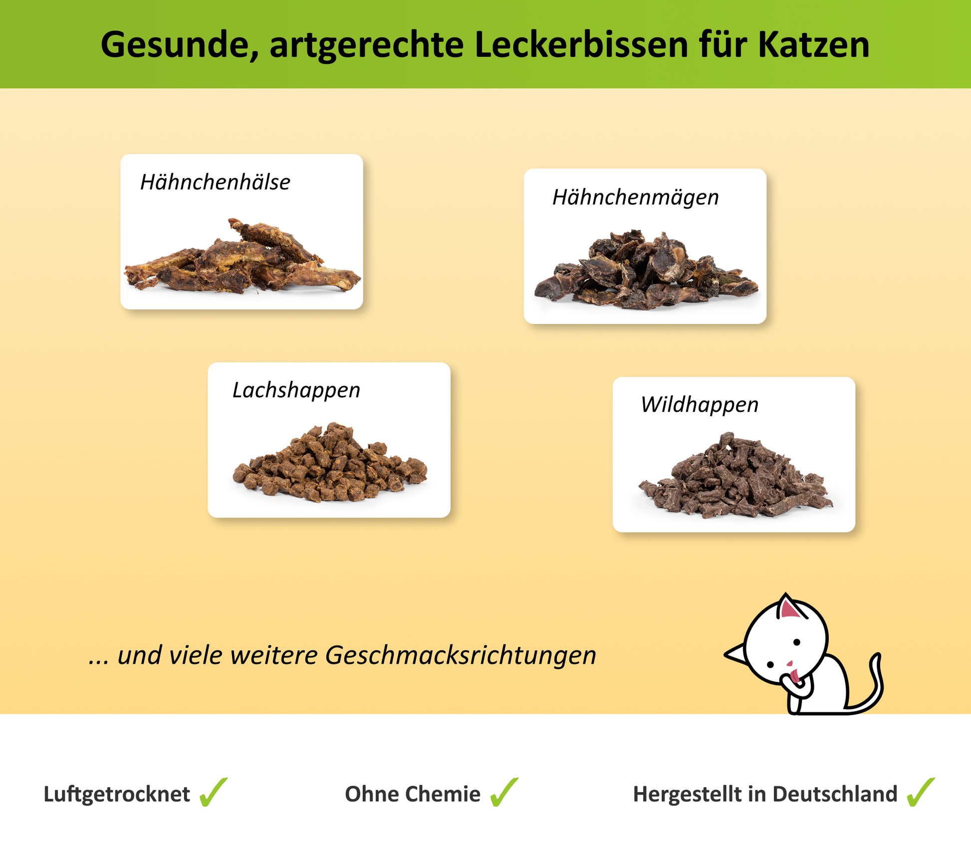 Beispielhafte Übersicht der erhältlichen Snacks für Katzen